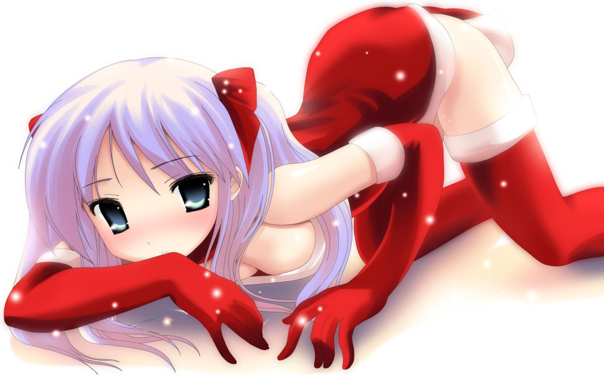 1girl blue_eyes blush christmas cleavage dress gloves hand_over_mouth long_hair lying_down purple_hair small_breasts solo tagme thigh_highs wallpaper