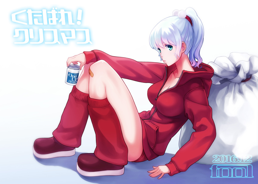 1girl artist_name bandaid bandaid_on_knee bangs beer_can boots breasts can christmas cleavage dated fool_(17648941) green_eyes highres holding holding_can hood hoodie knees_together_feet_apart knees_up large_breasts leaning_on_object looking_at_viewer loose_socks no_bra original ponytail sack shadow short_shorts shorts sitting socks solo text thighs white_background white_hair