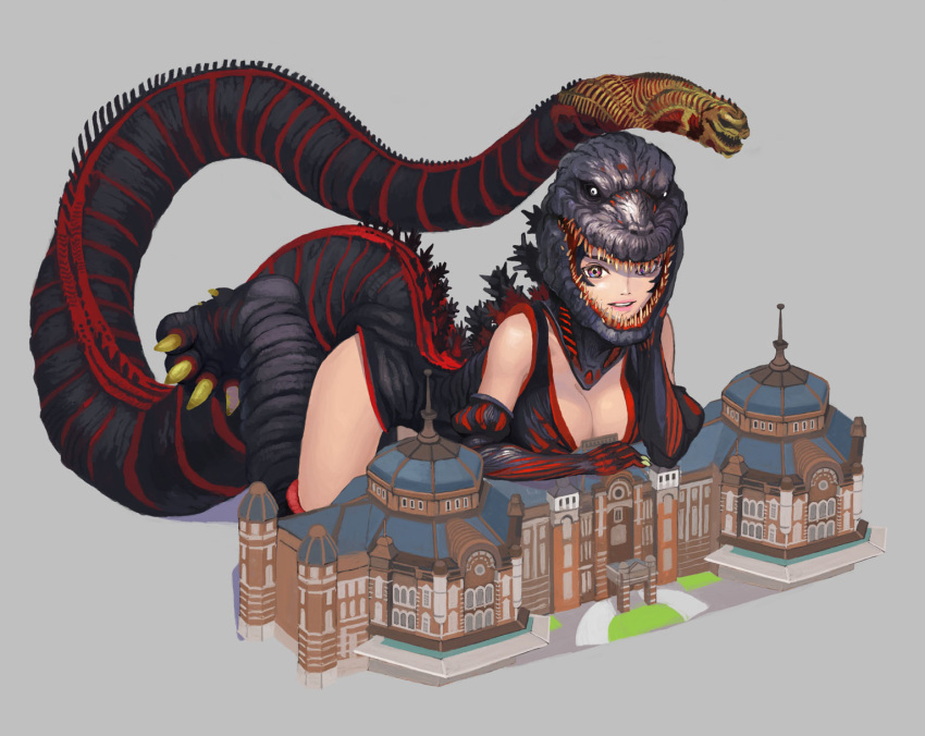 1girl black_hair breasts building cleavage cosplay costume godzilla godzilla_(cosplay) godzilla_(series) highres looking_at_viewer shin_godzilla smile solo tail urasato