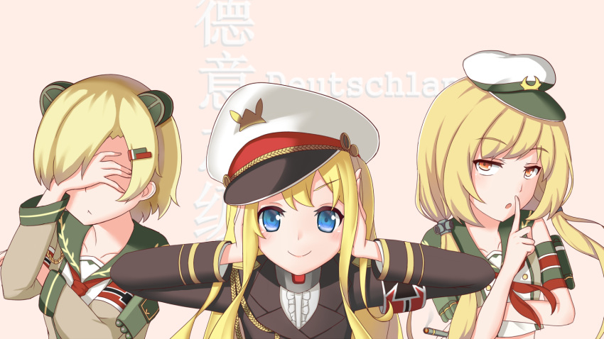 3girls admiral_scheer_(zhan_jian_shao_nyu) aiguillette animal_ears armband black_jacket blonde_hair closed_mouth collarbone crop_top deutschland_(zhan_jian_shao_nyu) eyebrows_visible_through_hair fake_animal_ears finger_to_mouth graf_spee_(zhan_jian_shao_nyu) grey_shirt hair_ornament hairclip hand_on_ear hand_over_face hat highres index_finger_raised jacket long_hair long_sleeves looking_at_viewer low_twintails military military_uniform multiple_girls open_mouth orange_eyes peaked_cap pink_background portrait sailor_collar sasya shirt short_hair smile text torpedo twintails uniform white_hat zhan_jian_shao_nyu