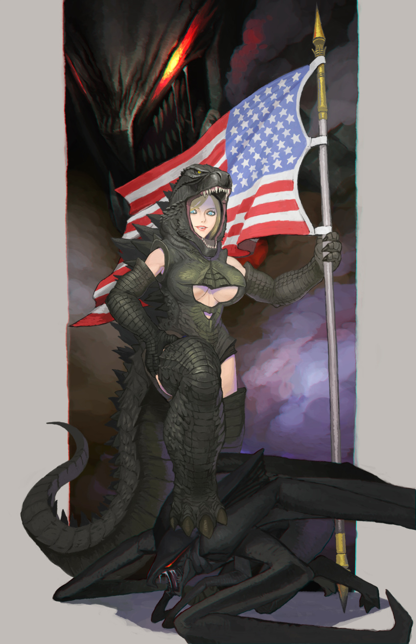 1girl american_flag blonde_hair blue_eyes breasts cleavage cosplay costume godzilla godzilla_(2014) godzilla_(cosplay) godzilla_(series) highres looking_at_viewer mask monster muto_(monster) parted_lips smile tail urasato