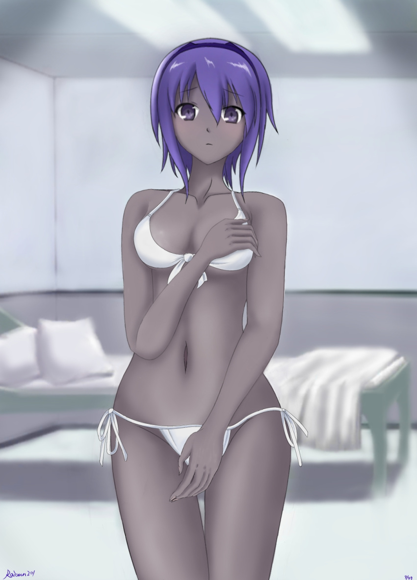 1girl assassin_(fate/prototype_fragments) bikini breasts cleavage dark_skin fate/grand_order fate/prototype fate/prototype:_fragments_of_blue_and_silver fate_(series) fluorescent_lamp front-tie_bikini front-tie_top groin highres hips medium_breasts navel pillow purple_hair short_hair side-tie_bikini solo swimsuit thighs violet_eyes white_bikini