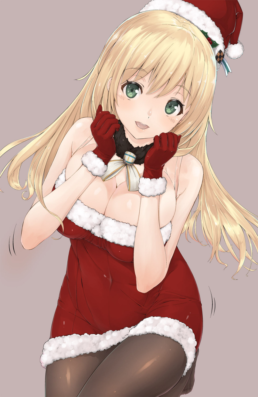 1girl :d alternate_costume atago_(kantai_collection) bare_shoulders black_legwear blonde_hair blush breasts cleavage dress fur_trim gloves green_eyes hat highres kantai_collection large_breasts long_hair looking_at_viewer open_mouth pantyhose red_dress red_gloves santa_costume santa_hat short_dress smile solo strapless strapless_dress urigarasu