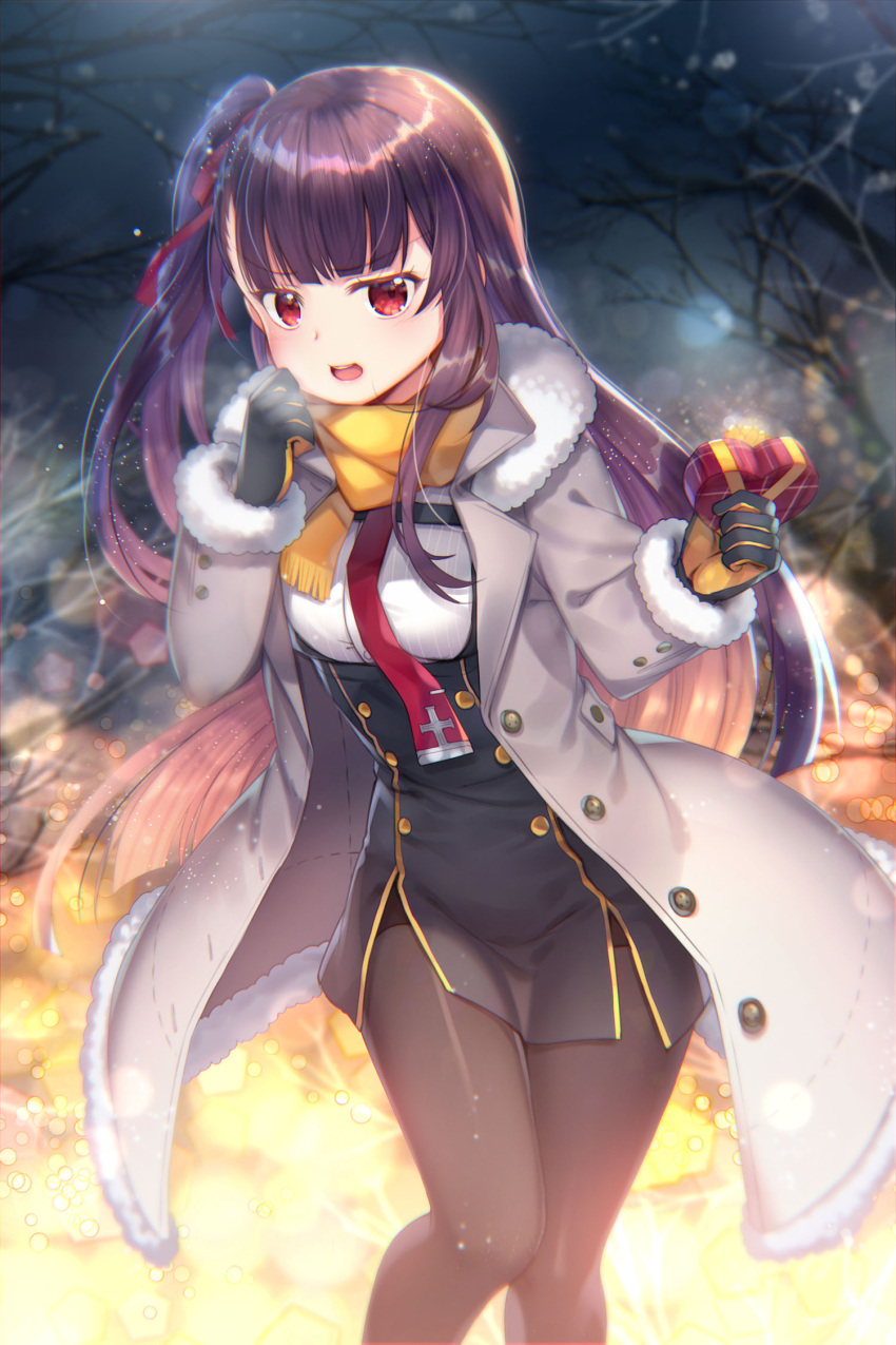 1girl bangs black_dress black_gloves black_legwear blurry blurry_background blush box breasts capura_lin coat commentary_request depth_of_field dress eyebrows_visible_through_hair fringe fur-trimmed_coat fur-trimmed_sleeves fur_trim gift gift_box girls_frontline gloves grey_coat hair_ribbon heart-shaped_box highres holding holding_gift long_hair looking_at_viewer night night_sky open_clothes open_coat open_mouth outdoors pantyhose purple_hair red_eyes red_neckwear red_ribbon ribbon scarf side_ponytail sky small_breasts solo upper_teeth valentine very_long_hair wa2000_(girls_frontline) yellow_scarf