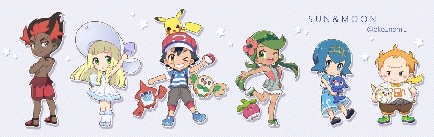 3boys 3girls arm_up baseball_cap belt black_hair blonde_hair blue_eyes blue_hair bounsweet braid capri_pants chibi dark_skin dark_skinned_male dress egg flower green_eyes green_hair hair_flower hair_ornament hairband hand_on_headwear hat highres holding holding_poke_ball kaki_(pokemon) lillie_(pokemon) long_hair maamane_(pokemon) mallow_(pokemon) multicolored_hair multiple_boys multiple_girls okonomi one_eye_closed open_mouth overalls pants pikachu poke_ball pokedex pokemon pokemon_(anime) pokemon_(creature) pokemon_sm_(anime) popplio red_shorts redhead rotom rowlet sandals satoshi_(pokemon) shirt shoes short_hair shorts sleeveless sleeveless_dress smile sneakers striped striped_shirt suiren_(pokemon) sun_hat togedemaru trial_captain twin_braids twintails white_dress white_hat z-ring