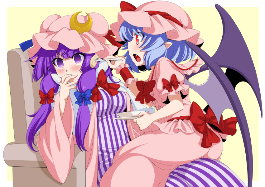 2girls @_@ bat_wings blue_hair blush bowl chair commentary_request covering_mouth crescent crescent_hair_ornament double_bun dress eichi_yuu fang feeding fork hair_ornament hair_ribbon hat hat_ribbon looking_at_another looking_to_the_side mob_cap multiple_girls open_mouth patchouli_knowledge plate pointy_ears purple_hair red_eyes remilia_scarlet ribbon robe short_hair short_hair_with_long_locks simple_background sitting sitting_on_lap sitting_on_person skirt skirt_set straddling striped striped_dress touhou tress_ribbon violet_eyes wings wrist_cuffs yellow_background