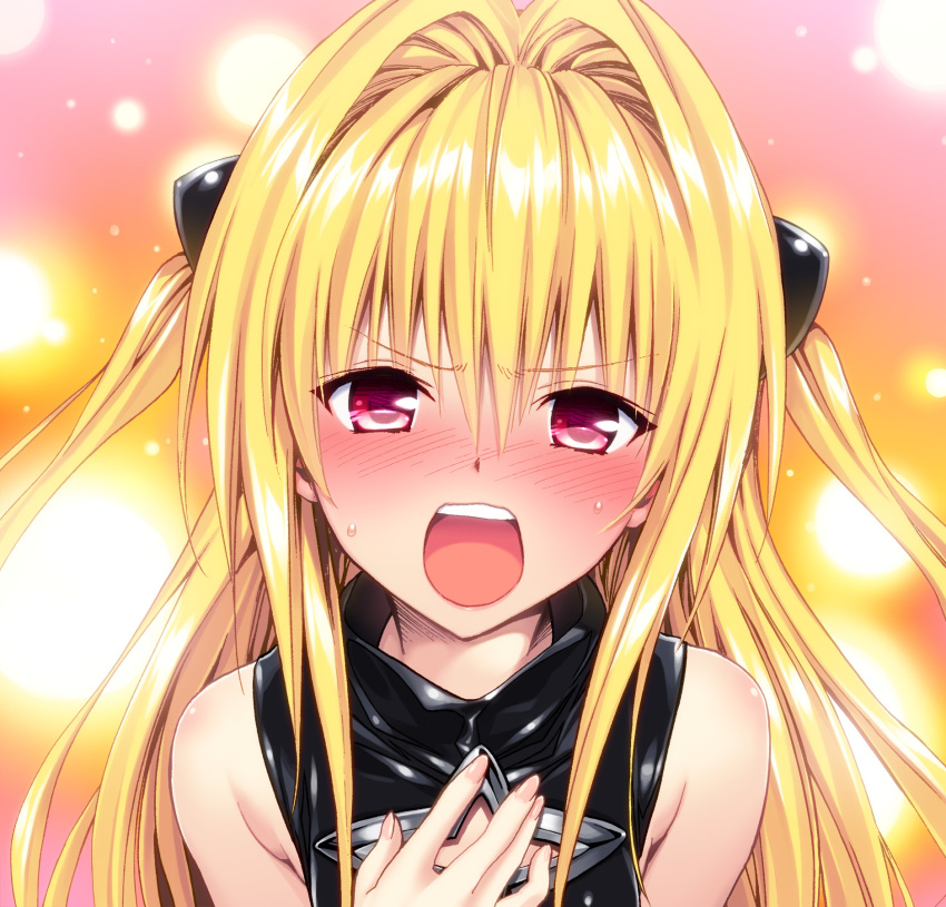 1girl bare_shoulders blonde_hair blush colored detexted embarrassed face hair_intakes hand_on_own_chest highres konjiki_no_yami long_hair looking_at_viewer multicolored_background open_mouth photoshop portrait red_eyes sleeveless solo sweat to_love-ru to_love-ru_darkness two_side_up yabuki_kentarou yamaiwa_shuuhai