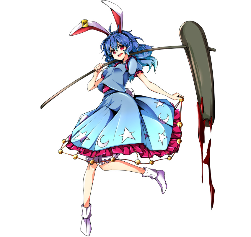 1girl absurdres ambiguous_red_liquid animal_ears baba_(baba_seimaijo) blue_dress blue_hair bunny_tail crescent dress ear_clip full_body highres kine long_hair mallet open_mouth photoshop puffy_short_sleeves puffy_sleeves rabbit_ears red_eyes seiran_(touhou) shoes short_sleeves smirk solo star tail touhou transparent_background weapon