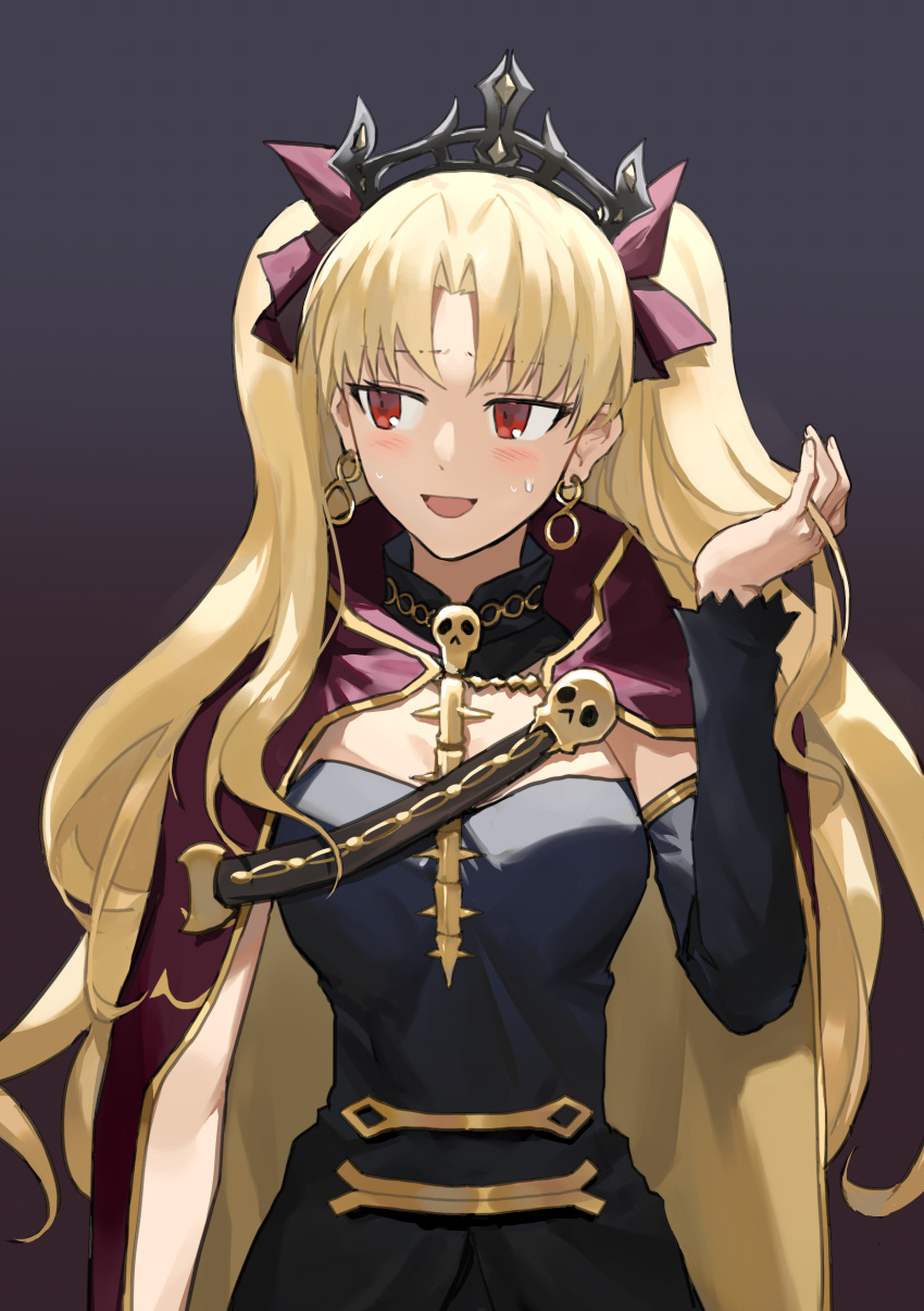 1girl absurdres bangs black_dress black_headwear black_sleeves blonde_hair blush bow cape crown ddukbaegihunt detached_collar detached_sleeves dress earrings ereshkigal_(fate) eyebrows_visible_through_hair fate/grand_order fate_(series) fingernails gold_trim hair_bow hand_in_hair highres hood hood_down hooded_cape jewelry long_hair looking_to_the_side open_mouth parted_bangs red_bow red_cape red_eyes single_sleeve skull sleeveless sleeveless_dress smile solo spine strapless strapless_dress sweatdrop tongue two_side_up very_long_hair