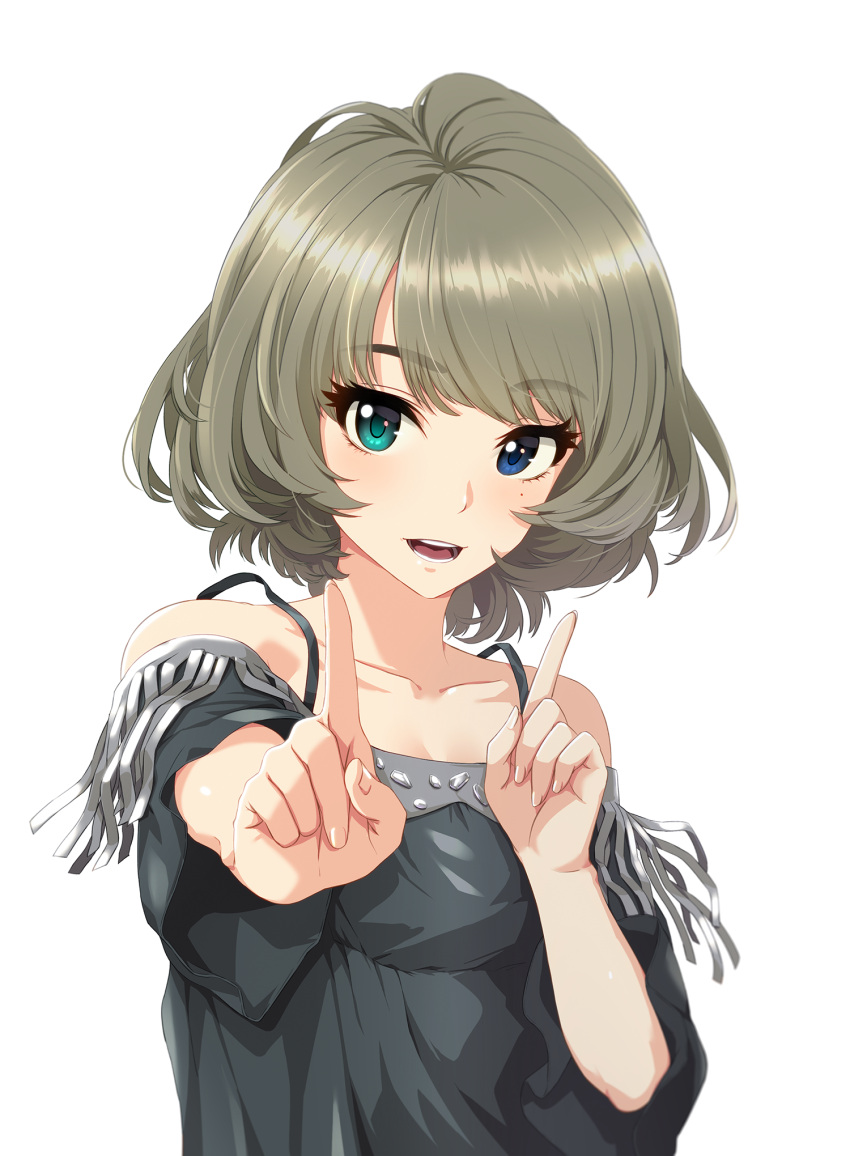 1girl bare_shoulders blue_eyes breasts cleavage commentary_request green_eyes green_hair heterochromia highres idolmaster idolmaster_cinderella_girls infinote koi_dance open_mouth smile solo takagaki_kaede white_background