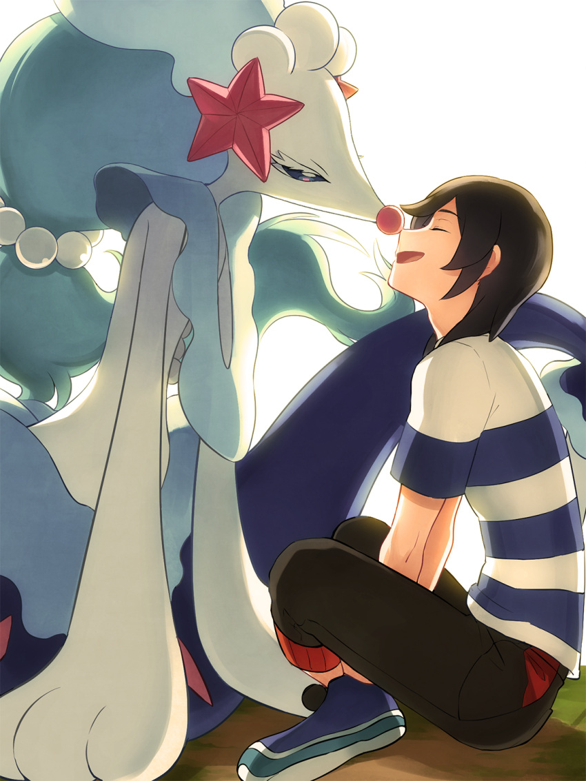 1boy bangs black_hair bloom capri_pants closed_eyes highres looking_at_another male_focus male_protagonist_(pokemon_sm) nuku open_mouth pants pokemon pokemon_(creature) pokemon_(game) pokemon_sm primarina shirt shoes short_hair simple_background sitting smile sneakers striped striped_shirt swept_bangs t-shirt white_background