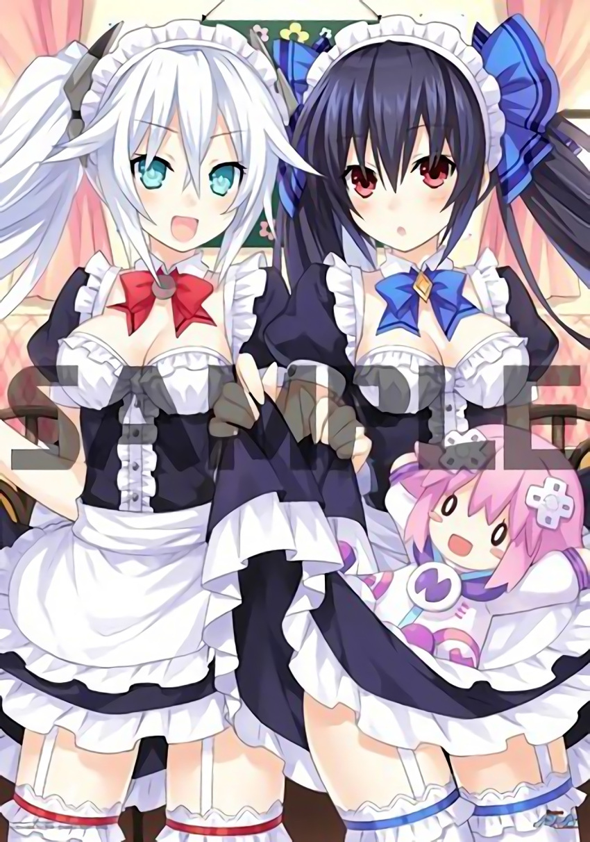 3girls alternate_costume apron bare_shoulders black_hair black_heart blue_eyes breasts character_doll choujigen_game_neptune cleavage dual_persona female frills hair_ornament highres long_hair looking_at_viewer maid maid_apron maid_headdress multiple_girls neptune_(choujigen_game_neptune) neptune_(series) noire official_art puffy_sleeves red_eyes resizing_artifacts ribbon sample smile symbol-shaped_pupils tsunako twintails upscaled very_long_hair waifu2x waist_apron white_hair