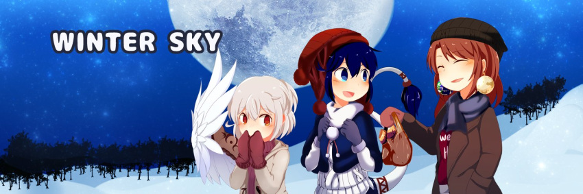 3girls :d ^_^ adapted_costume alternate_costume animal_ears bag beanie blowing_on_hands blue_eyes blue_hair buna_shimeji_(keymush) closed_eyes coat commentary contemporary doremy_sweet earrings earth_(ornament) english feathered_wings food hat hecatia_lapislazuli height_difference jacket jewelry kishin_sagume long_hair mittens moon moon_(ornament) multiple_girls night night_sky open_mouth outdoors pom_pom_(clothes) red_eyes redhead ribbed_sweater scarf short_hair silver_hair single_wing sky smile snow sweater sweet_potato tail tapir_ears tapir_tail touhou tree turtleneck white_feathers wings winter winter_clothes