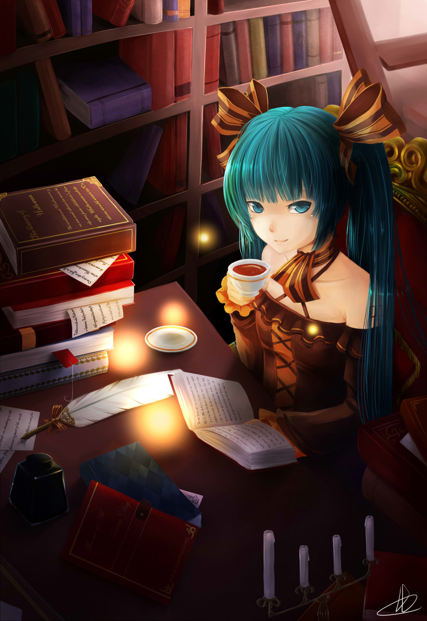 1girl absurdres bad_id black_dress blue_eyes blue_hair book coffee collarbone detached_sleeves dress hair_ribbon hatsune_miku highres holding holding_book indoors liuli llc long_hair looking_at_viewer matching_hair/eyes reading ribbon sitting smile solo striped striped_ribbon twintails vocaloid white_feathers