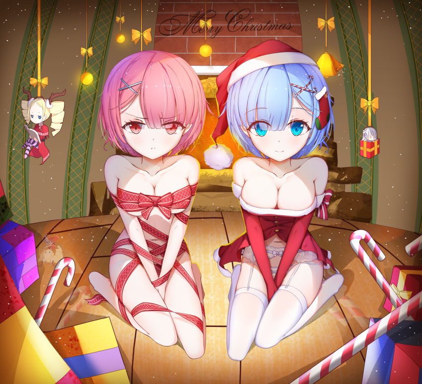 2girls antlers asa_ni_haru bdsm beatrice_(re:zero) blue_eyes blue_hair bondage bound breasts candy candy_cane chibi christmas christmas_dress christmas_ornaments cleavage collarbone dress emilia_(re:zero) fireplace food frown gift hair_ornament hairclip happy hat highres indoors medium_breasts multiple_girls naked_ribbon navel panties pink_eyes pink_hair pout ram_(re:zero) re:zero_kara_hajimeru_isekai_seikatsu reflection rem_(re:zero) ribbon ribbon_bondage siblings sisters smile snow socks strapless strapless_dress thigh-highs thighs twins underwear white_legwear white_panties wooden_floor