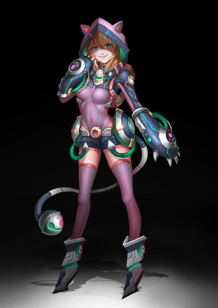1girl :d absurdres animal_ears animal_hood blonde_hair bodysuit boots cat_ears cat_girl cat_hood cat_tail claws covered_navel cyborg fang full_body green_eyes grin hand_up highres hood hoodie hose jan.v legs_apart long_hair mecha_musume open_mouth original pink_bodysuit pink_legwear pink_lips shadow shoulder_pads skin_tight slit_pupils smile solo standing strap tail teeth thigh-highs