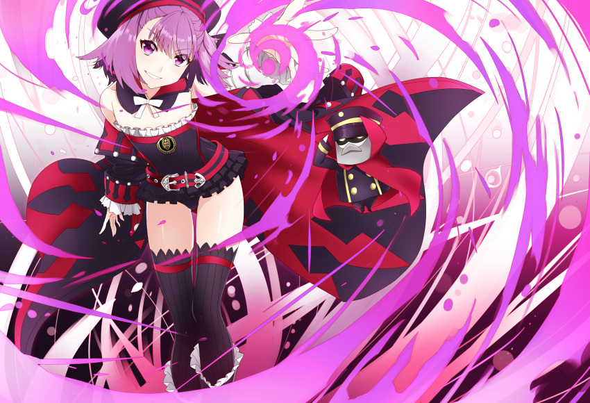 1girl bare_shoulders black_legwear blush detached_sleeves fate/grand_order fate_(series) flat_chest hat helena_blavatsky_(fate/grand_order) highres looking_at_viewer nagidori outstretched_hand purple_hair salute short_hair smile solo strapless thigh-highs tree_of_life violet_eyes