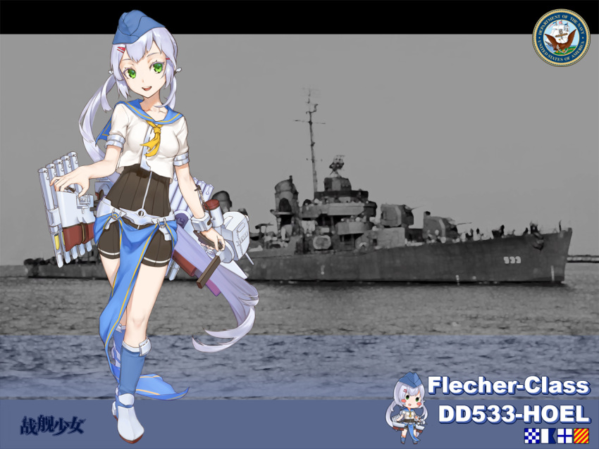 1girl :d black_shorts blue_boots blue_hat boots breasts cannon character_name copyright_name full_body garrison_cap green_eyes hair_ornament hairclip hat heiyz hoel_(zhan_jian_shao_nyu) legs_together long_hair looking_at_viewer machinery military military_vehicle official_art open_mouth photo_background ponytail sailor_collar ship shirt short_sleeves shorts silver_hair smile solo standing teeth text torpedo turret uss_hoel_(dd-533) very_long_hair warship watercraft white_shirt zhan_jian_shao_nyu