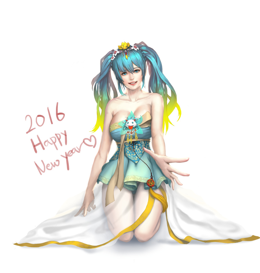 1girl 2016 absurdres bare_shoulders blonde_hair blue_eyes blue_hair breasts cleavage dress gradient_hair hair_ornament hanbok happy_new_year heart highres karukaru86 kneeling korean_clothes large_breasts league_of_legends long_hair looking_at_viewer matching_hair/eyes multicolored_hair new_year short_dress solo sona_buvelle strapless strapless_dress