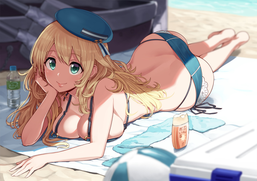 1girl aqua_eyes arm_support ass atago_(kantai_collection) ball barefoot beach_towel beachball blonde_hair bottle breasts cleavage cooler hat huge_ass kantai_collection large_breasts long_hair lotion lying omaru_gyuunyuu on_stomach shadow small_waist smile solo sunlight sunscreen the_pose towel water_bottle wide_hips