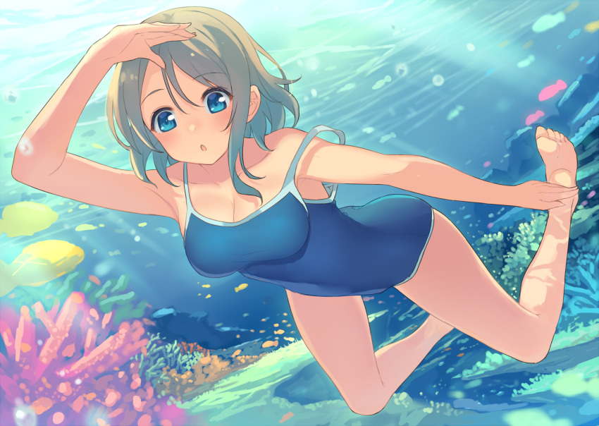 1girl arm_up barefoot blue_eyes blush breasts brown_hair cleavage collarbone competition_swimsuit fish freediving highres holding_breath kame^^ legs love_live! love_live!_school_idol_project love_live!_sunshine!! one-piece_swimsuit open_mouth short_hair solo strap_slip swimming swimsuit thighs underwater watanabe_you water
