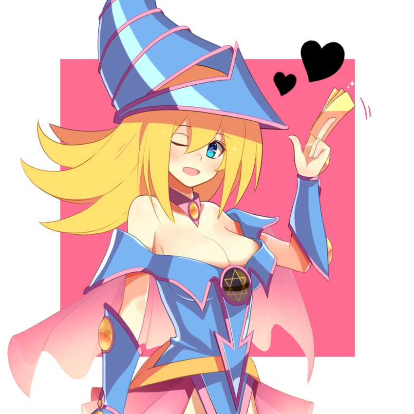 1girl bare_shoulders blonde_hair blush blush_stickers breasts card choker cleavage dark_magician_girl duel_monster green_eyes hat heart imu_(gomatotoimu) large_breasts long_hair open_mouth pentacle smile solo wizard_hat yu-gi-oh! yuu-gi-ou_duel_monsters