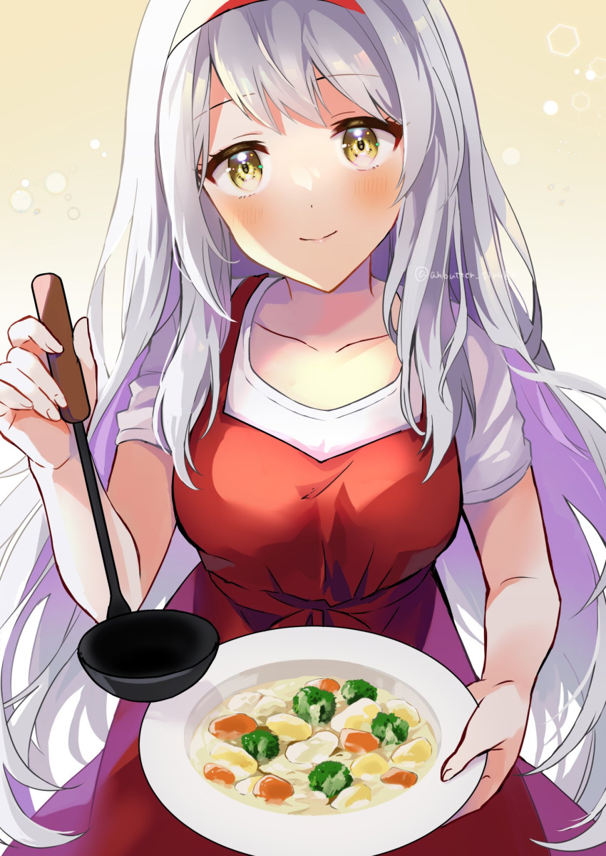 1girl anbutter_siruko brown_eyes commentary_request cowboy_shot dress hairband highres kantai_collection ladle long_hair looking_at_viewer official_alternate_costume red_dress red_hairband shirt shoukaku_(kancolle) smile solo stew white_hair white_shirt