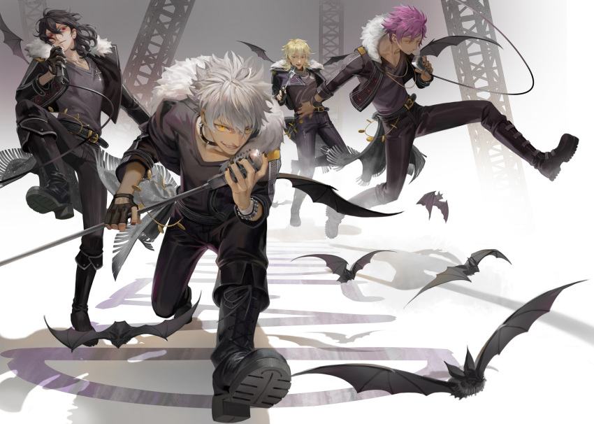4boys :d animal ao666 bandaged_arm bat bat_wings belt belt_boots black_boots black_gloves black_hair black_jacket black_nails black_pants black_wings blonde_hair boots brown_eyes brown_hair cable coin_(ornament) collar cross cross-laced_footwear cross_necklace dark_skin dark_skinned_male earrings ensemble_stars! fang fingerless_gloves floating_hair fringe fur_trim glint gloves grey_hair group_name hair_between_eyes hakaze_kaoru highres holding holding_microphone jacket jewelry jumping lace-up_boots leg_up long_sleeves looking_at_viewer male_focus microphone microphone_stand multiple_boys nail_polish necklace off_shoulder oogami_koga open_clothes open_jacket open_mouth otogari_adonis pants parted_lips pink_hair red_eyes sakuma_rei_(ensemble_stars!) shoe_soles silver_hair smile spiked_collar spikes stage standing stud_earrings studded_bracelet undead_(ensemble_stars!) v v-neck white_background wings wristband yellow_eyes