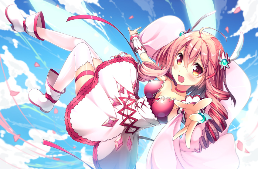 1girl :d ahoge armpits blue_sky blush boots breasts brown_eyes cleavage clouds cloudy_sky collar commentary day dress drill_hair falling hair_between_eyes hair_ornament knee_up leg_up long_hair looking_at_viewer magical_girl medium_breasts open_mouth outstretched_arms outstretched_hand petals pink_hair shoulder_pads sky smile solo soushin_shoujo_matoi sumeragi_matoi usume_shirou white_dress white_legwear wind