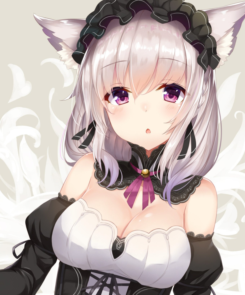 1girl animal_ears bangs bare_shoulders blush breasts cat_ears chestnut_mouth cleavage close-up detached_collar detached_sleeves eyebrows_visible_through_hair hair_between_eyes highres large_breasts looking_at_viewer maid maid_headdress note_(aoiro_clip) open_mouth original puffy_sleeves purple_ribbon ribbon silver_hair solo upper_body