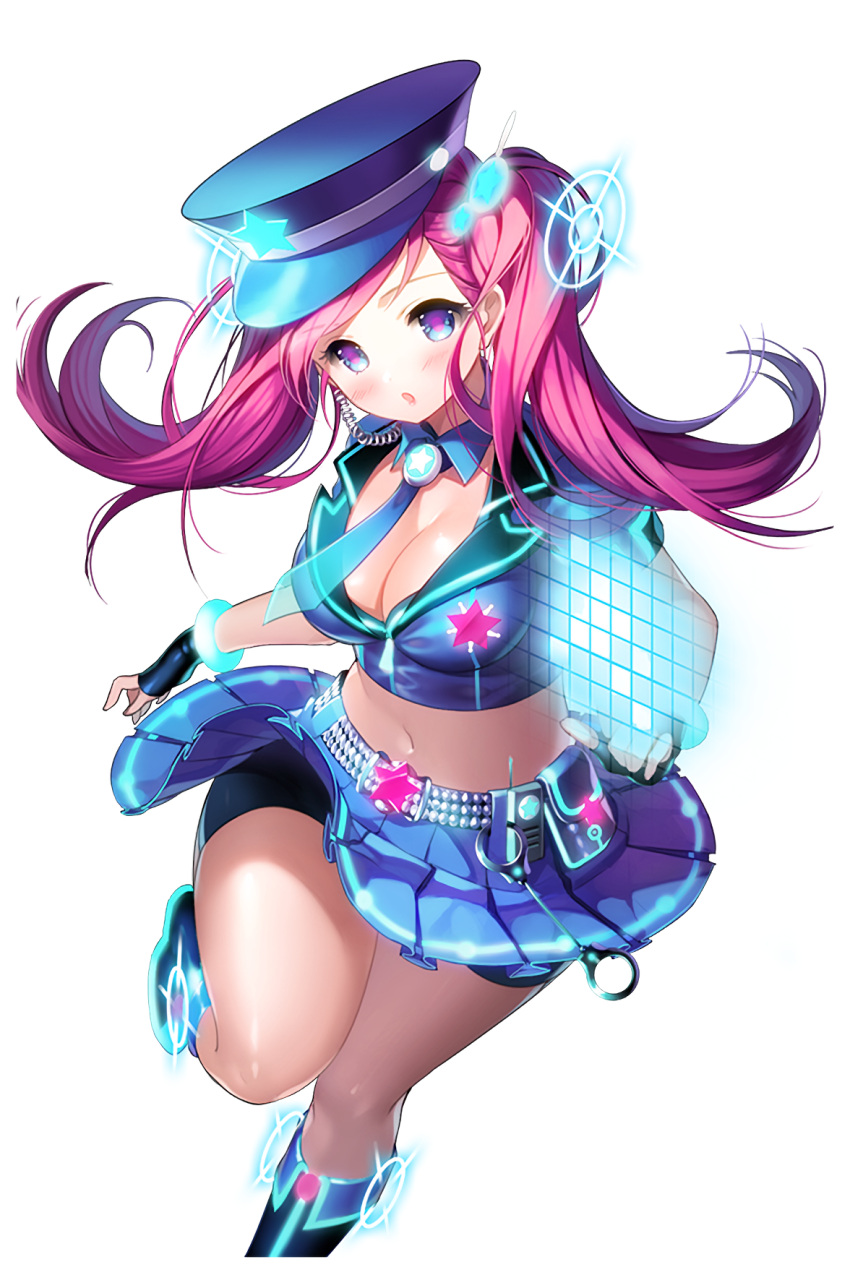 1girl aile_(crossroads) belt blue_hat blue_skirt breasts cleavage cuffs handcuffs hat highres holographic_interface midriff navel necktie open_mouth pink_hair running see-through skirt soccer_spirits solo standing z001_silvia