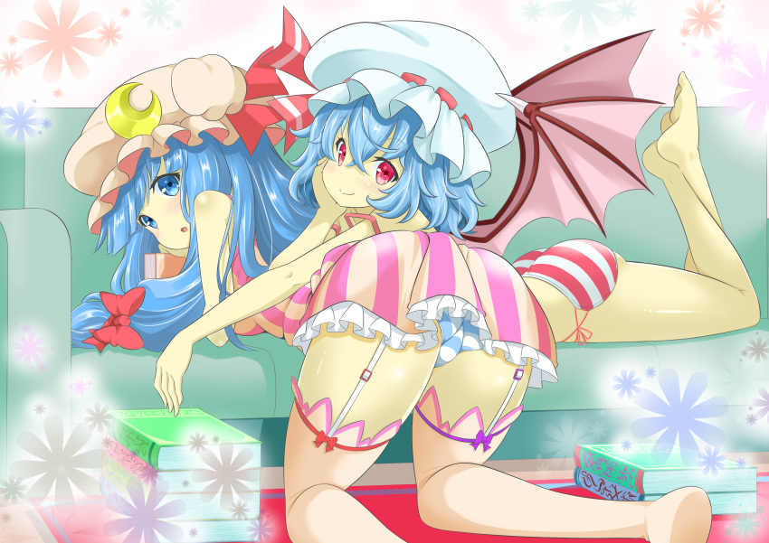2girls :o absurdres alternate_eye_color alternate_hair_color ass bangs bare_shoulders barefoot bat_wings bent_over benten_(pixiv15996491) blue_eyes blue_hair blue_panties blush book book_stack bow bow_legwear breasts camisole chin_rest closed_mouth collarbone couch crescent crescent_hair_ornament dress eyebrows_visible_through_hair frilled_skirt frills from_behind garter_straps hair_between_eyes hair_bow hair_ornament hand_on_own_cheek hat hat_bow hat_ribbon head_rest highres kneeling legs_up long_hair looking_at_viewer looking_back lying lying_on_person medium_breasts mob_cap multiple_girls on_person on_stomach open_mouth panties pantyshot patchouli_knowledge red_bow red_eyes remilia_scarlet ribbon ribbon_trimmed short_dress short_hair side-tie_panties skirt smile soles spaghetti_strap strap_slip striped striped_dress striped_panties thigh-highs touhou underwear underwear_only violet_eyes wings