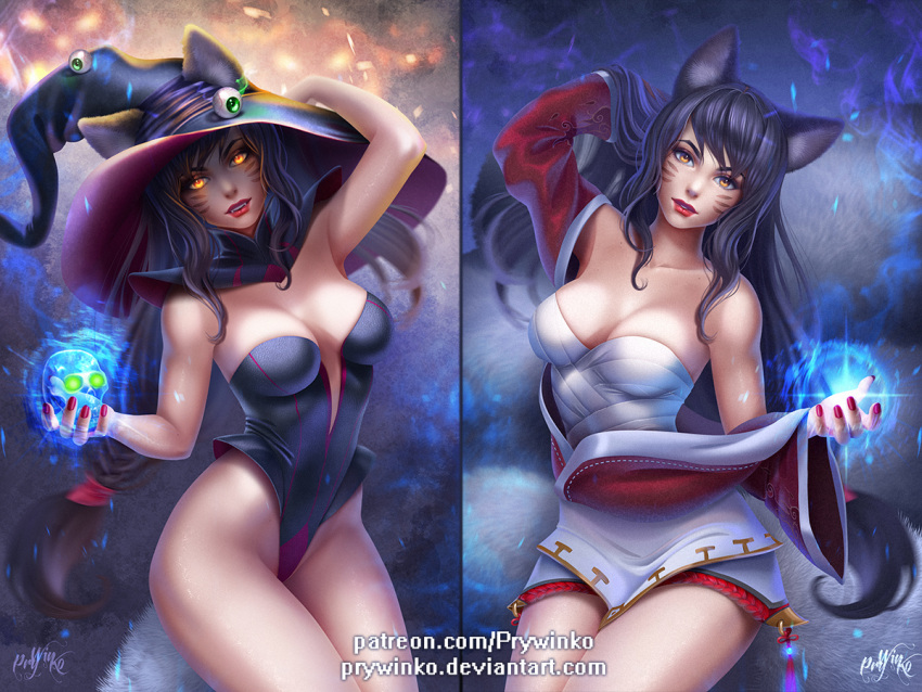 1girl ahri animal_ears black_hair breasts cleavage energy_ball eyeball facial_mark fangs fox_ears fox_tail glowing glowing_eyes hat league_of_legends lipstick long_hair low-tied_long_hair makeup multiple_tails multiple_views off_shoulder olga_narhova red_lipstick skirt skull tail whisker_markings witch_hat yellow_eyes