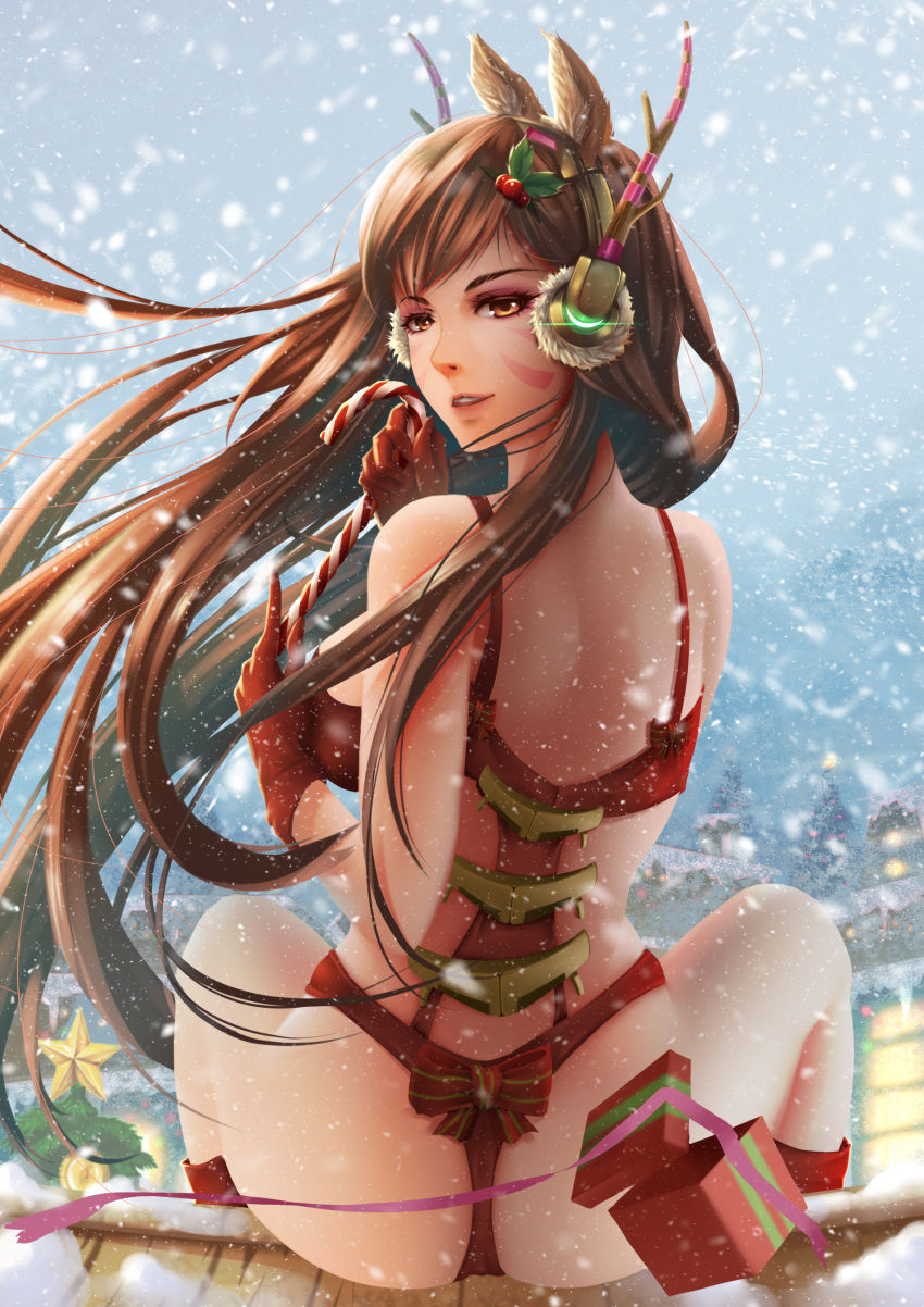 1girl absurdres animal_ears antlers ass back bangs bearwitch bow bow_bra bow_panties box bra breasts brown_eyes brown_hair candy candy_cane christmas christmas_tree clouds cloudy_sky d.va_(overwatch) day earmuffs elbow_gloves eyelashes facepaint facial_mark fake_animal_ears food from_behind gift gift_box gloves hair_ornament hairpin hands_up headphones highres holding large_breasts legs_apart long_hair looking_at_viewer looking_back nose open_mouth outdoors overwatch panties pine_tree pink_lips red_bow red_bra red_gloves reindeer_antlers ribbon shoulder_blades sitting sitting_on_roof sky smile snow snowing solo spread_legs striped striped_bow teeth thong_panties tree underwear very_long_hair whisker_markings