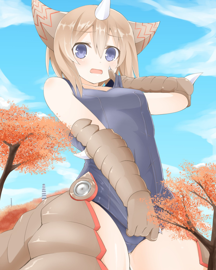 1girl animal_ears bare_shoulders blanc blue_eyes blush brown_hair choujigen_game_neptune claws cosplay gomora highres horn looking_at_viewer neptune_(series) niwaka_potato_sub one-piece_swimsuit open_mouth personification scales short_hair solo swimsuit ultra_series ultraman_(1st_series) wings