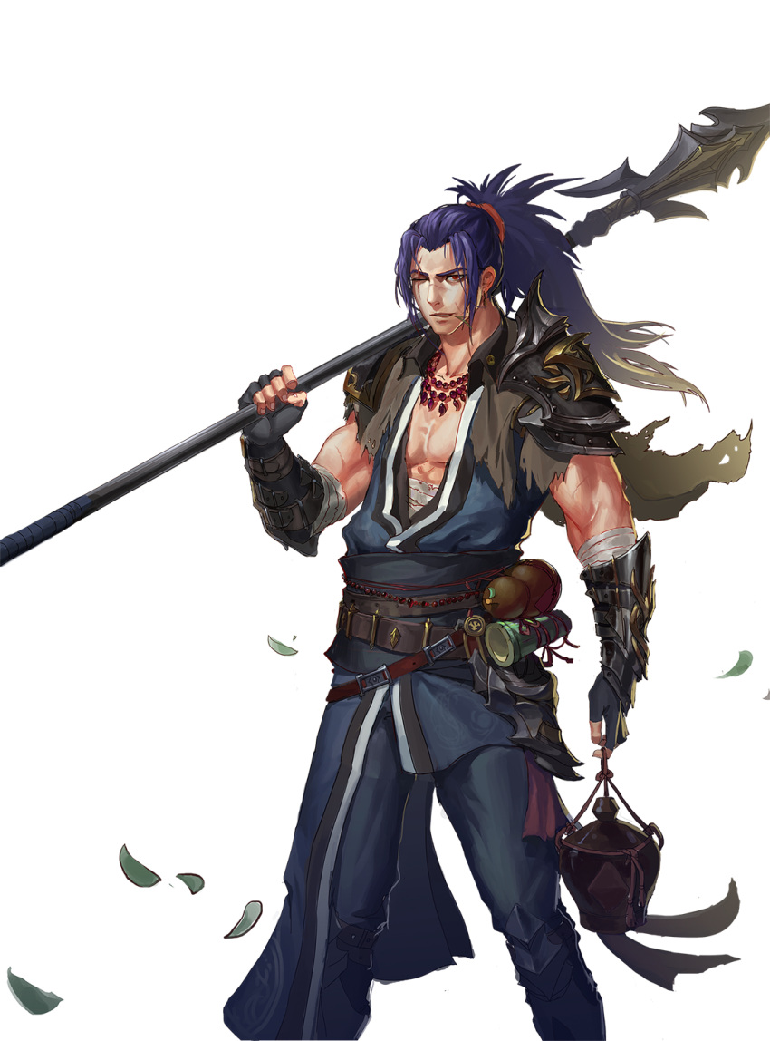 1boy armor belt demonic_lancer dungeon_and_fighter fighter_(dungeon_and_fighter) gauntlets highres holding holding_weapon jewelry jug long_hair male_fighter_(dungeon_and_fighter) male_focus muscle necklace one_eye_closed over_shoulder polearm ponytail purple_hair red_eyes shoulder_armor solo standing teitousensei vanguard_(dungeon_and_fighter) weapon