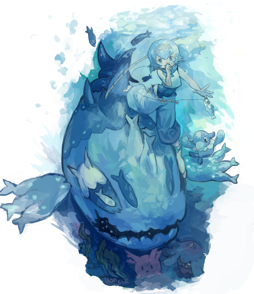 1girl air_bubble baggy_pants barefoot blue_hair bnsk25 breath capri_pants corsola fishing_rod freediving hairband highres holding_breath mareanie pants pokemon pokemon_(creature) pokemon_(game) pokemon_sm popplio sailor_collar short_hair sleeveless suiren_(pokemon) swimming swimsuit swimsuit_under_clothes trial_captain underwater wishiwashi