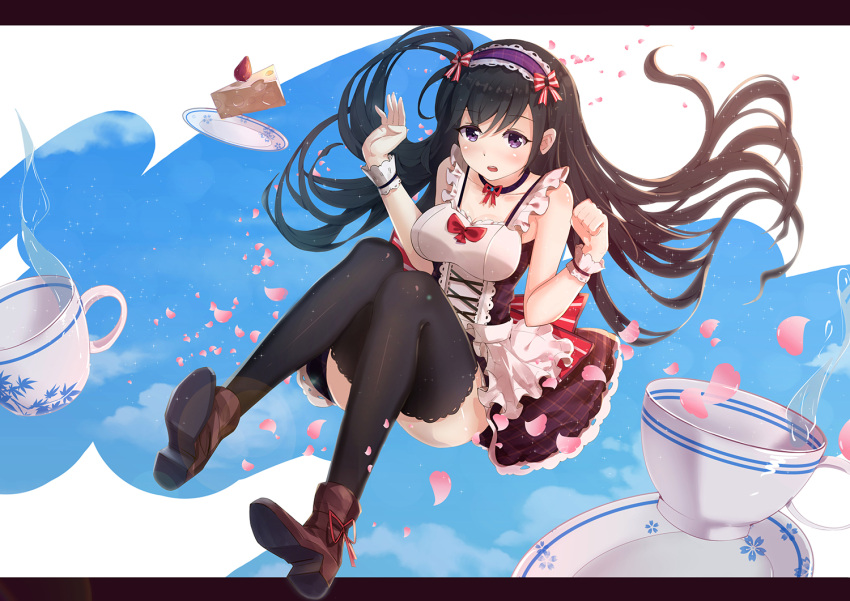 1girl alternate_costume apron bangs black_hair black_legwear blue_sky blush boots breasts brown_boots byakuya_reki cake clouds cloudy_sky collar collarbone cup enmaided food frilled_apron frills hands_up hoshi_nanami idol_memories large_breasts legs long_hair maid maid_headdress pantyhose parted_lips petals plate sky solo teacup teeth thigh-highs thighs very_long_hair violet_eyes