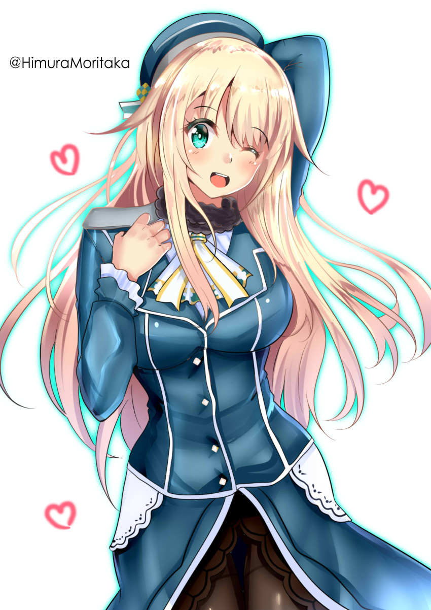 1girl absurdres ascot atago_(kancolle) beret black_gloves blonde_hair blue_headwear breasts cowboy_shot gloves green_eyes hat highres himura_moritaka kantai_collection large_breasts long_hair looking_at_viewer military military_uniform one-hour_drawing_challenge pantyhose simple_background skirt solo twitter_username uniform white_ascot white_background