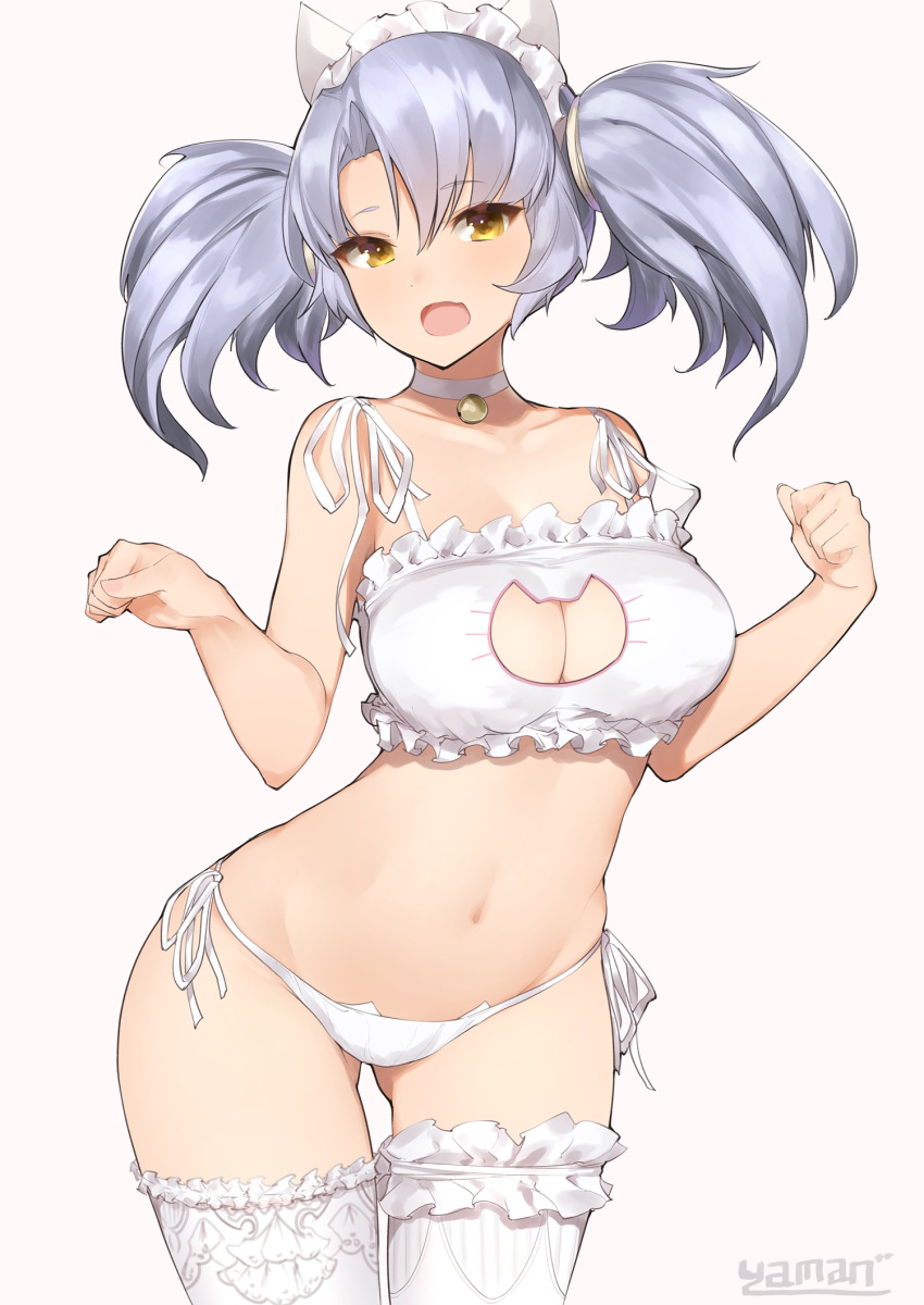 1girl animal_ears artist_name bangs bell bell_choker bra breasts cat_cutout cat_ear_panties cat_ears cat_lingerie choker cleavage cleavage_cutout collarbone cowboy_shot frilled_legwear frills garters gluteal_fold granblue_fantasy hands_up highres hips jingle_bell large_breasts lavender_hair looking_at_viewer maid_headdress mismatched_legwear navel open_mouth panties paw_pose side-tie_panties simple_background solo sophia_(granblue_fantasy) standing thigh-highs thigh_gap thighs twintails underwear underwear_only white_background white_bra white_legwear white_panties yaman_(yamanta_lov) yellow_eyes