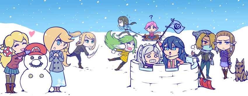 6+girls akairiot black_hair blonde_hair blue_eyes blue_hair blush chibi dark_skin dog doubutsu_no_mori earmuffs fire_emblem fire_emblem:_kakusei green_eyes green_hair highres kid_icarus kid_icarus_uprising long_hair looking_at_viewer lucina mario super_mario_bros. metroid multiple_girls open_mouth palutena pink_hair ponytail princess_peach princess_zelda red_eyes rosetta_(mario) samus_aran sheik short_hair snow snowball super_mario_bros. super_smash_bros. the_legend_of_zelda time_paradox twintails villager_(doubutsu_no_mori) white_hair white_skin wii_fit wii_fit_trainer