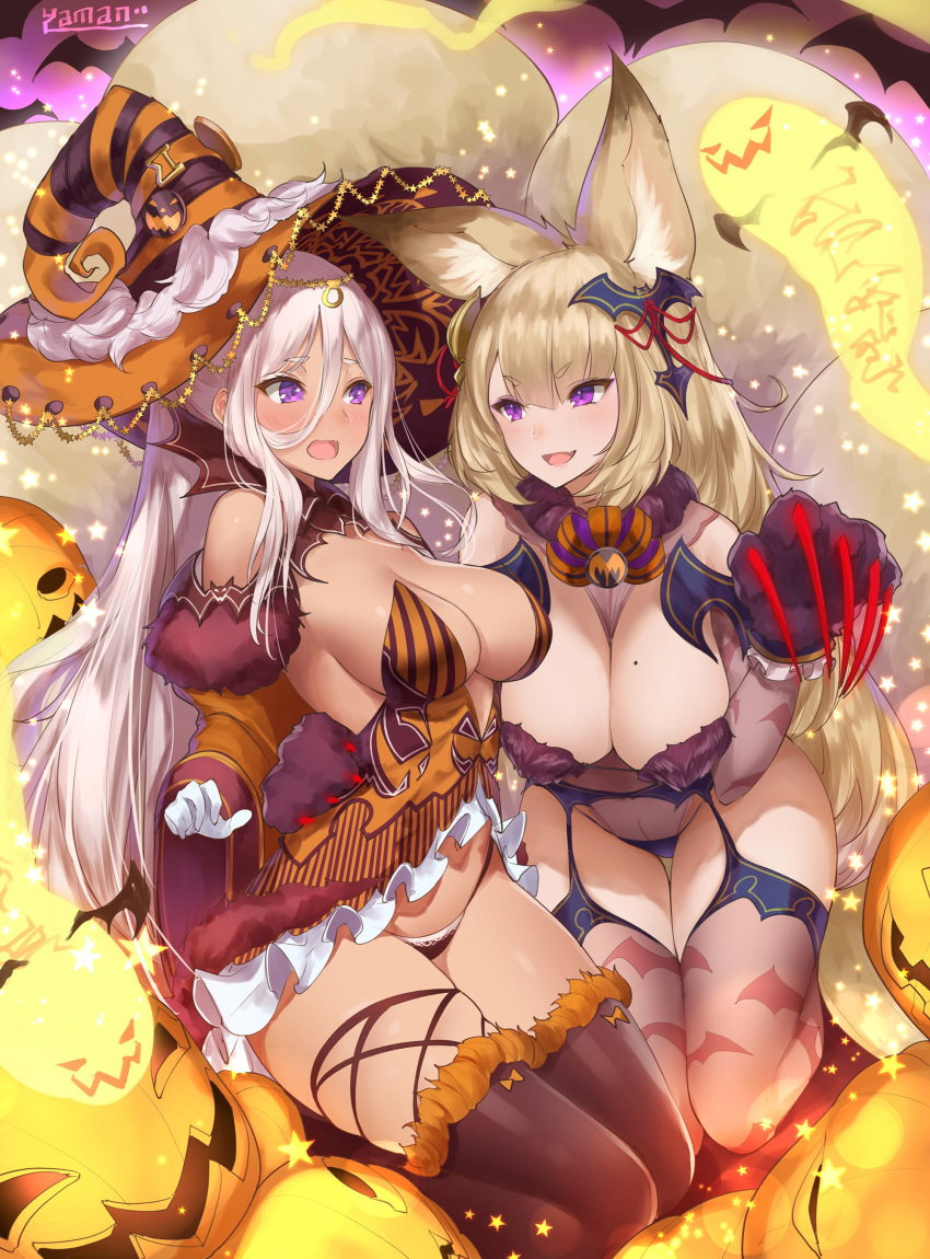 &gt;:d 2girls :d absurdres animal_ears animal_print artist_name asherah_(sennen_sensou_aigis) bat bat_print black_legwear blonde_hair blush breasts cleavage detached_sleeves fang fur-trimmed_legwear fur_trim ghost gloves hair_between_eyes halloween hat highres jack-o'-lantern kayou_(sennen_sensou_aigis) large_breasts long_hair long_nails mole mole_on_breast multiple_girls nail_polish navel open_mouth paw_gloves red_nails sennen_sensou_aigis silver_hair smile star thigh-highs very_long_hair violet_eyes wavy_mouth white_gloves witch_hat wolf_ears yaman_(yamanta_lov)