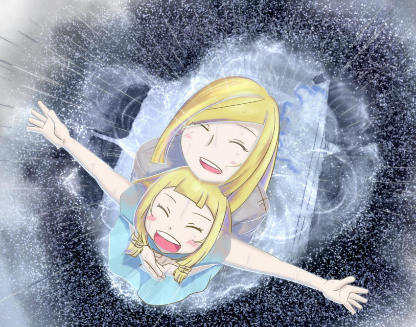 2girls :d ^_^ aka_kyatatsu bangs blonde_hair blue_dress blue_sky blush braid brown_coat closed_eyes clouds cloudy_sky coat dress eyes_visible_through_hair from_above highres hug hug_from_behind lillie_(pokemon) long_hair long_sleeves lusamine_(pokemon) mother_and_daughter multiple_girls open_mouth outstretched_arms pokemon pokemon_(game) pokemon_sm puddle rain reflection short_sleeves sky smile standing swept_bangs teeth tongue twin_braids water wet wet_hair