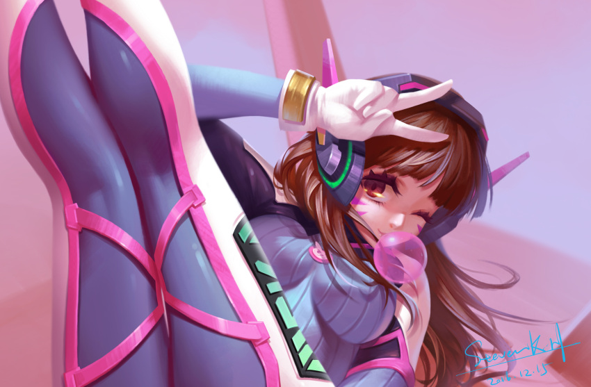 1girl absurdres animal_print bangs blue_bodysuit bodysuit boots bracer breasts brown_eyes brown_hair bubble_blowing bubblegum bunny_print d.va_(overwatch) dated eyelashes facepaint facial_mark gloves gum hand_up headphones highres legs_up long_hair lying medium_breasts meka_(overwatch) on_back one_eye_closed overwatch pauldrons pilot_suit ribbed_bodysuit shoulder_pads signature skin_tight solo thigh-highs thigh_boots thigh_strap v whisker_markings white_boots white_gloves