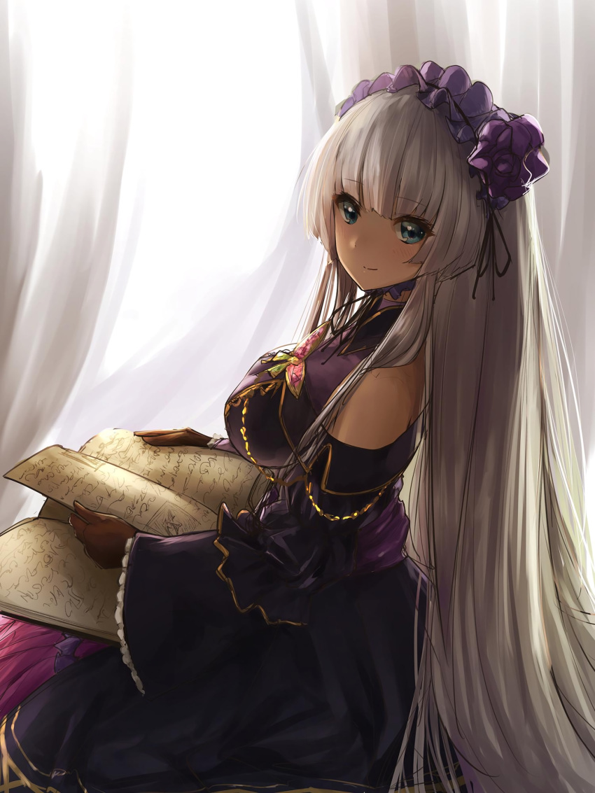 1girl aqua_eyes bare_shoulders bonnet book breasts brown_gloves curtains dress gloves highres large_breasts long_hair long_sleeves looking_at_viewer odette_(sennen_sensou_aigis) open_book purple_dress sennen_sensou_aigis silver_hair sitting smile solo very_long_hair wide_sleeves yaman_(yamanta_lov)