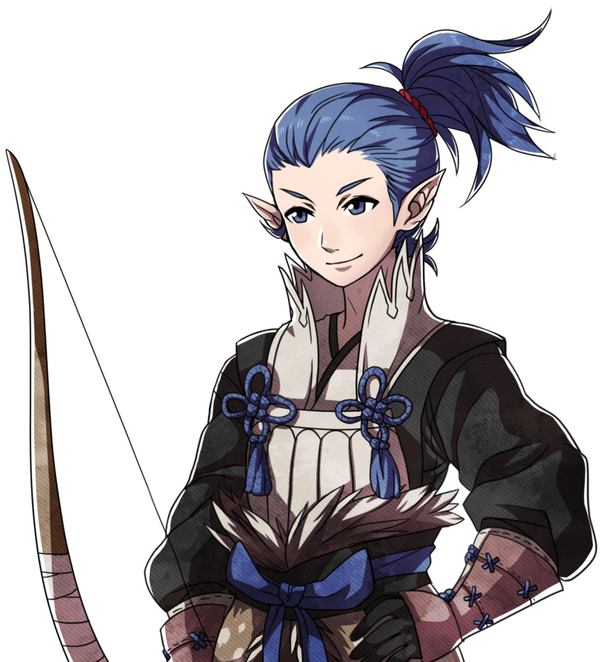 1boy blue_eyes blue_hair bow_(weapon) fire_emblem fire_emblem_if gloves highres inkling japanese_clothes male_focus matching_hair/eyes parody pointy_ears short_ponytail smile solo splatoon style_parody tecchen transparent_background upper_body weapon