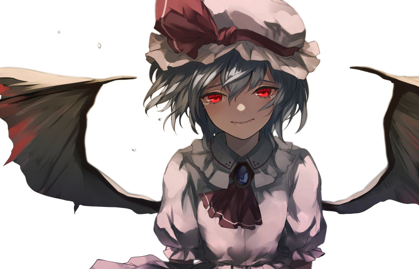 1girl ascot bat_wings blush brooch closed_mouth eredhen frilled_shirt_collar frilled_sleeves frills grey_hair hair_between_eyes hat hat_ribbon highres jewelry lavender_hair looking_at_viewer mob_cap outstretched_wings puffy_short_sleeves puffy_sleeves remilia_scarlet ribbon sad_smile short_hair short_sleeves simple_background skirt slit_pupils solo spread_wings tearing_up tears touhou vampire white_background wings