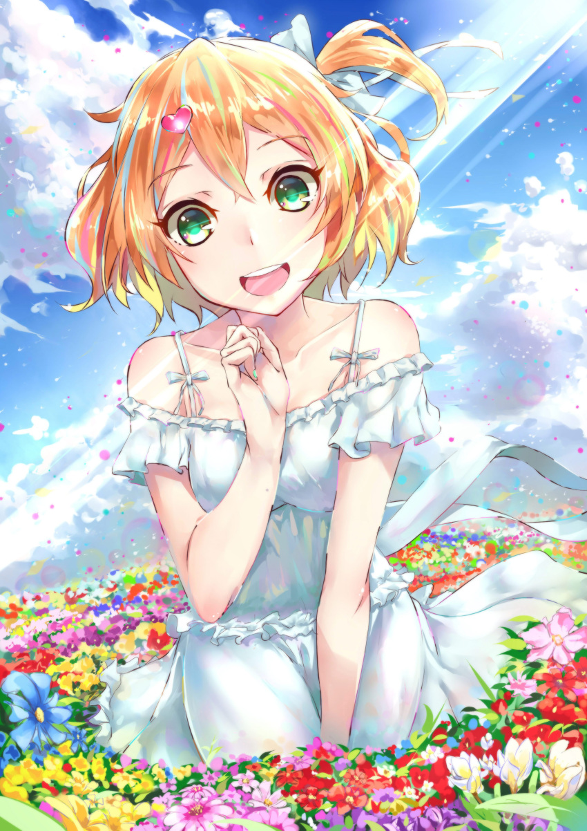 1girl absurdres arm_behind_back bare_shoulders between_legs blonde_hair breasts clouds cloudy_sky collarbone day dress eyebrows_visible_through_hair field flower flower_field freyja_wion ginn_(hzh770121) green_eyes hair_ornament hair_ribbon hand_between_legs heart_hair_ornament highres looking_at_viewer macross macross_delta medium_breasts one_side_up outdoors ribbon short_hair sky solo white_dress white_ribbon