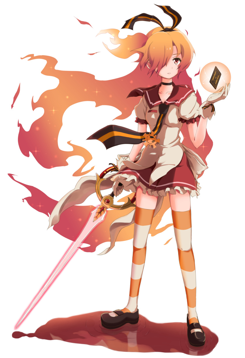 1girl :/ badge black_shoes breasts button_badge choker collarbone flaming_hair frown full_body gen'ei_wo_kakeru_taiyo gloves hair_over_one_eye hair_ribbon highres holding holding_sword holding_weapon looking_away magical_girl mary_janes medium_breasts necktie one_side_up orange_hair panikuru_yuuto pool_of_blood red_eyes red_skirt ribbon ripples shoes simple_background skirt solo sparkle standing striped striped_legwear striped_necktie striped_ribbon sword taiyou_akari tarot thigh-highs weapon white_background white_gloves zettai_ryouiki