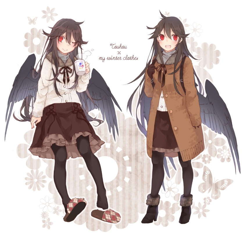 1girl :d alternate_costume arm_at_side backpack bag bird_wings black_wings boots brown_hair butterfly buttons coat contemporary cup feathered_wings flower frilled_skirt frills full_body fur-lined_boots hair_between_eyes highres holding holding_cup long_hair long_sleeves looking_at_viewer multiple_views no_headwear one_eye_closed open_mouth pantyhose partially_unbuttoned red_eyes reiuji_utsuho single_shoe skirt slippers smile standing steam touhou toutenkou turtleneck wings